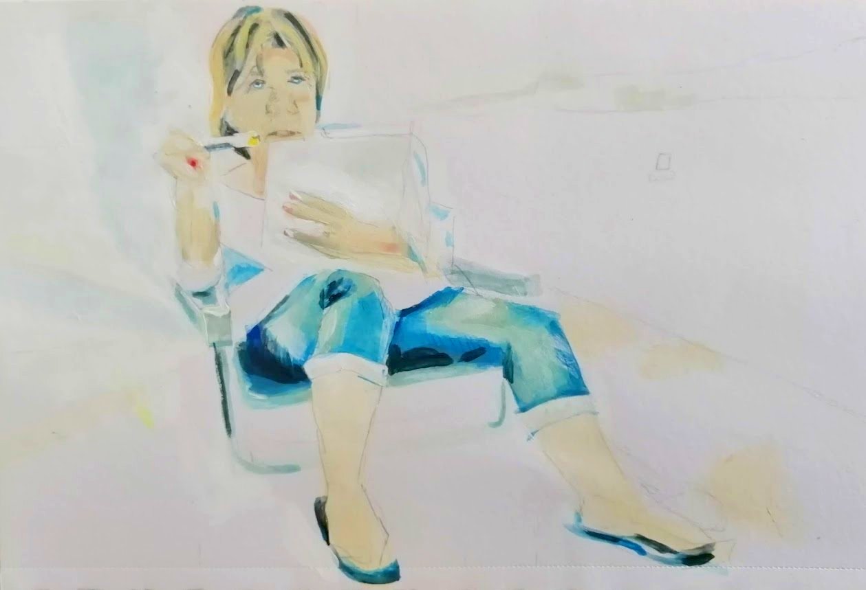 Sandie, painting in chair